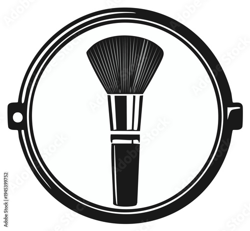 Makeup brush graphic in a circular frame.