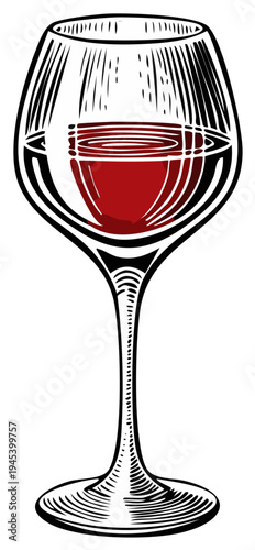Elegant glass of red wine in a classic vintage illustration style