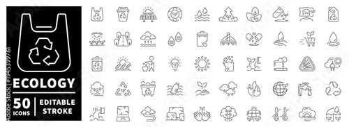 Ecology outline icon set: editable stroke design for environmental concepts