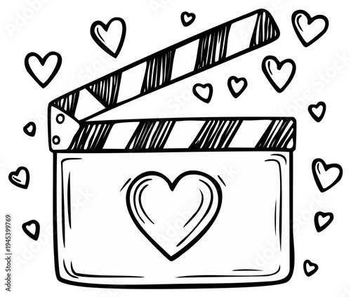 Film Clapperboard with Love Heart Doodle for Romantic Movies and Valentine's Day Projects
