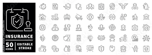 Insurance icons set in linear style with editable stroke for modern design needs