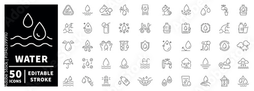 Water outline icon set with editable stroke in modern thin line style for clean water concepts