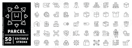 Parcel delivery outline icon set with editable stroke in linear style