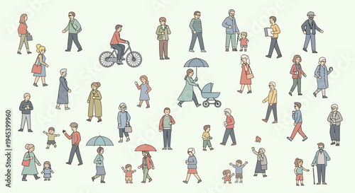Minimalist flat vector illustration of a large crowd of diverse people scattered across the scene.