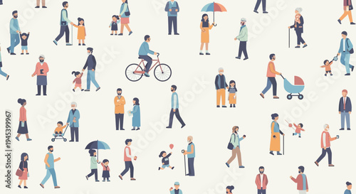 Minimalist flat vector illustration of a large crowd of diverse people scattered across the scene.