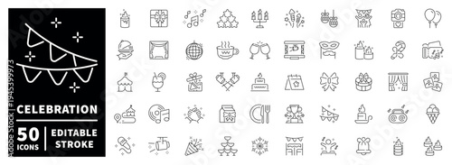 Celebration outline icon set with editable stroke and thin line style for festive designs