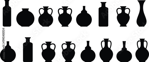 Black Vase and Ancient Pottery Silhouette Vector Illustration Set Isolated on White Background Featuring Various Amphora Jar Bottle and Greek Urn Shapes for Interior Design