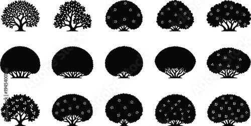 Black vector illustration set of bush silhouettes and shrub icons with flowering details isolated on white background for garden landscaping and nature park designs.