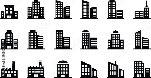 Black vector illustration set of city buildings skyscrapers office blocks and factory icons isolated on white background for urban real estate business designs.