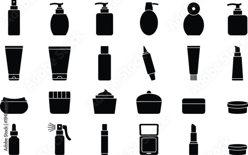 Black vector illustration set of cosmetic bottles jars and beauty product silhouettes isolated on white background for skincare makeup and bathroom hygiene designs.