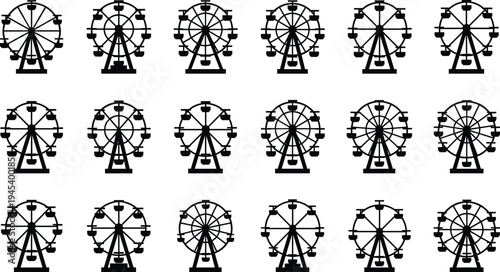 Black vector illustration set of Ferris wheel silhouettes and carnival ride icons in various styles isolated on white background for amusement park designs.