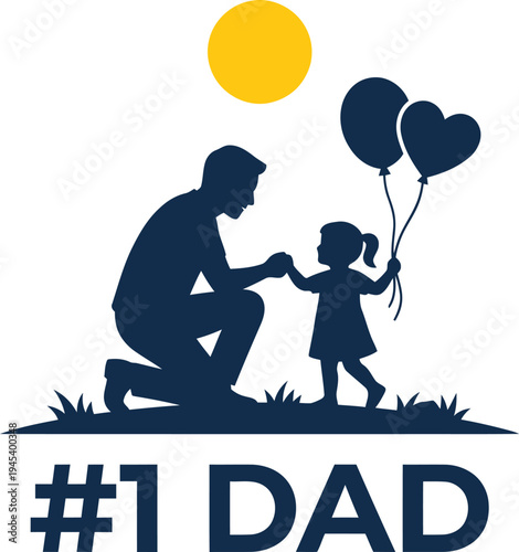A silhouette of a man kneeling down and giving balloons to a little girl on fathers day with a yellow sun