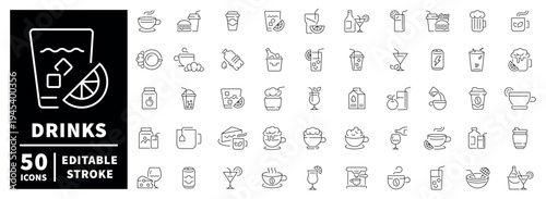 Drink outline icon set: 50 editable stroke symbols in linear thin line style for beverage concepts