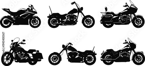 Collection of detailed motorcycle silhouettes featuring sport bikes, classic choppers, and touring cruisers isolated on white background for automotive design and biker club graphics