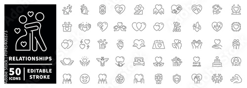 Relationships outline icon set with editable stroke: love, couples, family, hearts, romance