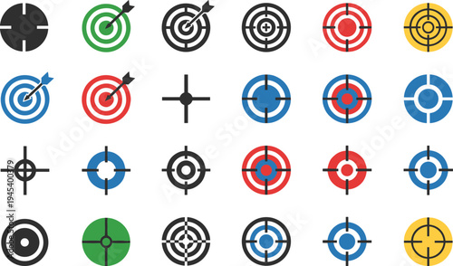 Colorful Target and Crosshair Icon Vector Set Isolated on White Background Featuring Bullseye Symbols Aiming Reticles and Goal Achievement Graphics for Business Marketing Design