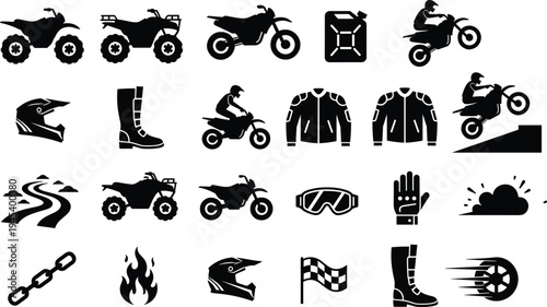 Comprehensive collection of motocross icons featuring dirt bikes, ATVs, protective gear, racing flags, and off-road equipment silhouettes isolated on a white background for sports design.