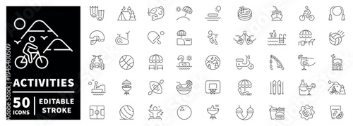 Activities outline icon set: editable stroke thin line style for outdoor and leisure concepts