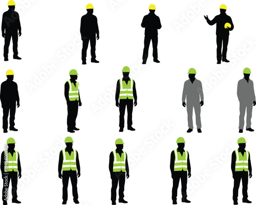 Set of construction worker silhouettes featuring engineers and builders in hard hats and high visibility safety vests isolated on white background for industrial design.
