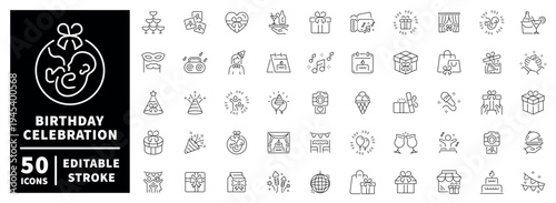 Birthday celebration outline icon set. editable stroke thin line style party symbols