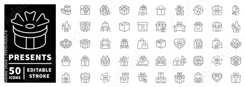 Gift and present outline icon set with editable stroke in thin line style