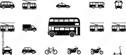Set of public transportation icons featuring double decker bus, tram, taxi, truck, motorcycle, bicycle, and electric scooter silhouettes isolated on white background for urban design.