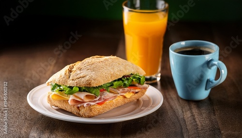 chiabatta sandwich cup of coffee and orange juice