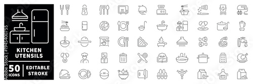 Kitchen utensils outline icon set with editable stroke and thin line style