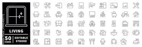 Living room outline icon set. editable stroke for home decor and furniture in thin line style