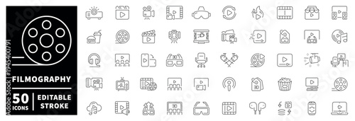 Film and media line icons set. editable stroke for cinema and entertainment in linear thin style