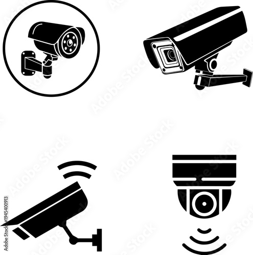 Set of Security Surveillance Camera Icons and CCTV Monitoring System Vectors
