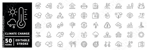 Climate change icon set: 50 outline icons with editable stroke in thin line style