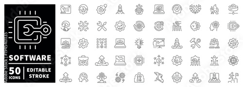 Software outline icons set: editable stroke thin line style for technology and tools