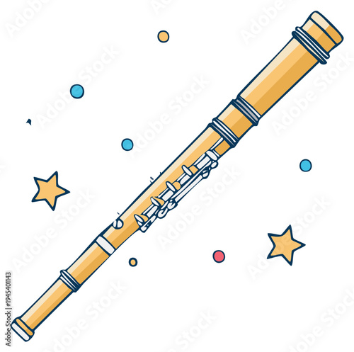 Cartoon illustration of a vintage clarinet with star elements