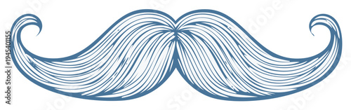 Stylized blue mustache illustration with flowing lines and curled ends