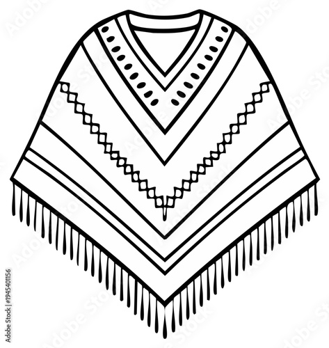 Poncho Illustration with Fringe and Geometric Pattern, Apparel Art