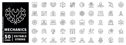 Mechanics outline icon set: thin line editable stroke symbols for engineering and tools