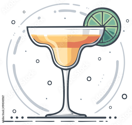 Refreshing Margarita Cocktail Illustration with Lime Slice, Classic Margarita Glass, Alcohol Drink Icon, Bar Menu Graphic