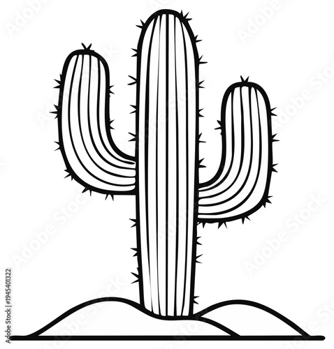 Monochrome Saguaro Cactus Outline on Desert Sand Dunes, Spiky Southwestern Plant in Black and White Line Art Style