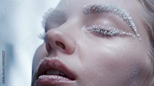 Woman with frosty face exhales in cold air. Ice crystals on skin and breath visible as steam. Winter survival and beauty in harsh weather concept.