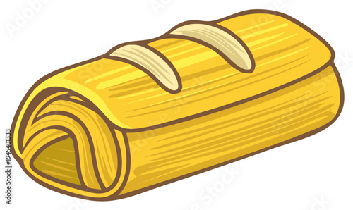 Stylized illustration of a golden tamale wrapped in corn husk with decorative topping