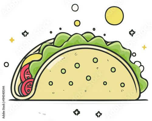 Cartoon taco illustration with lettuce, tomato, and cheese fillings, whimsical food art.