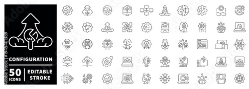 Configuration outline icon set: editable stroke symbols in thin line style for settings and tools