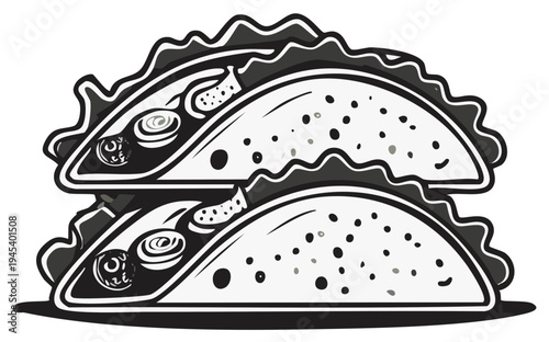 Stack of Two Tacos with Fillings Fresh Lunch Concept Black and White