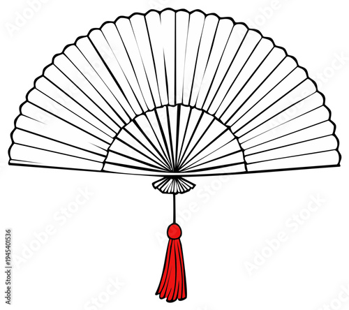 Illustration of a traditional Asian hand fan with red tassel in black and white