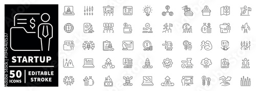 Startup line icons set: editable stroke in linear thin line style for business and innovation