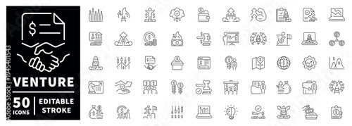 Venture business linear icon set with editable stroke and thin line design