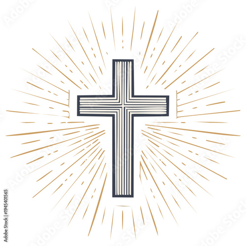 Christian Cross Symbol with Rays of Light, Spiritual Religious Faith Vector Graphic
