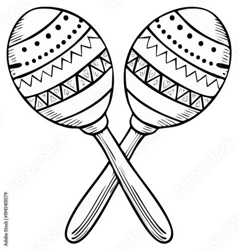 Black and white sketch of crossed maracas, detailed traditional pattern, latin percussion instrument illustration