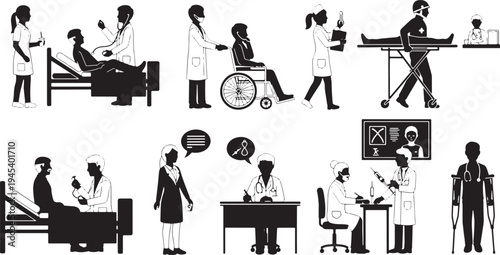 A black and white illustration depicting various medical professionals, including doctors and nurses, attending to patients in different scenarios, showcasing healthcare and medical assistance in a ho